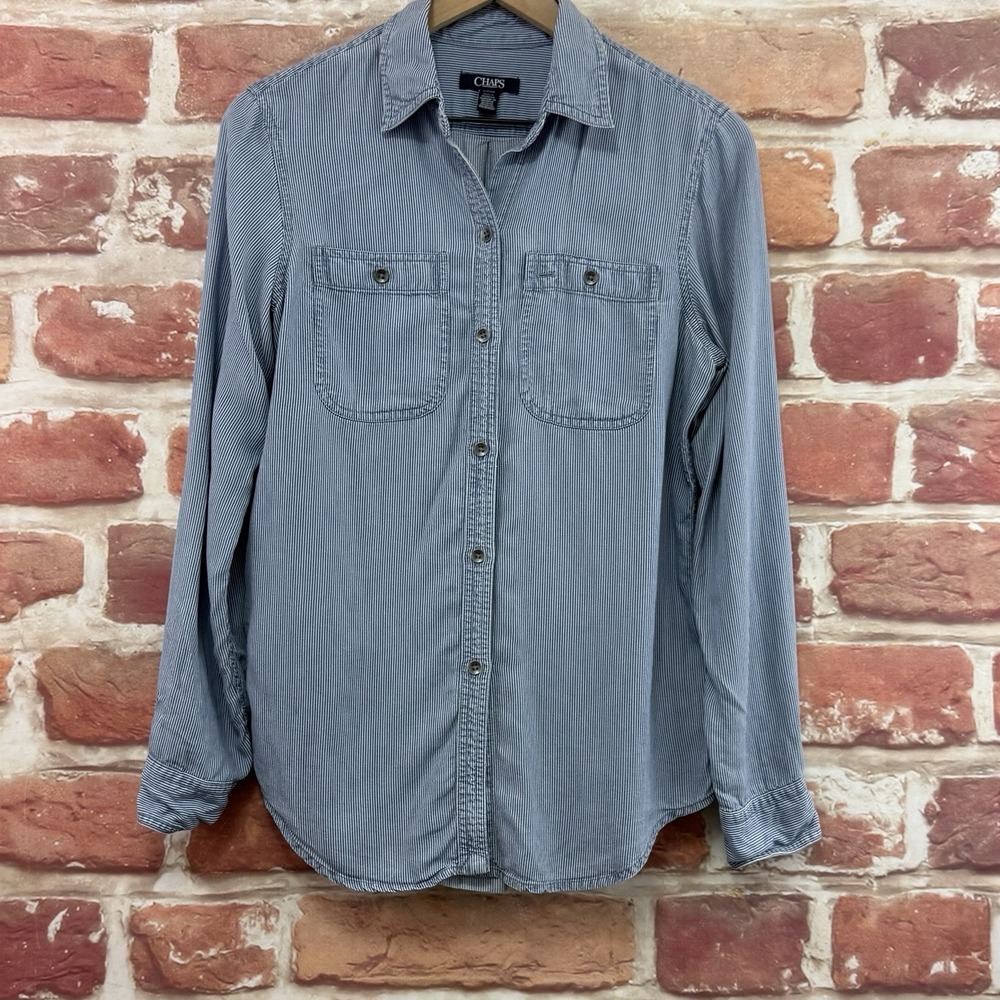 Ralph Lauren Chaps Top Women's Small Blue White Railroad Striped Casual Shirt